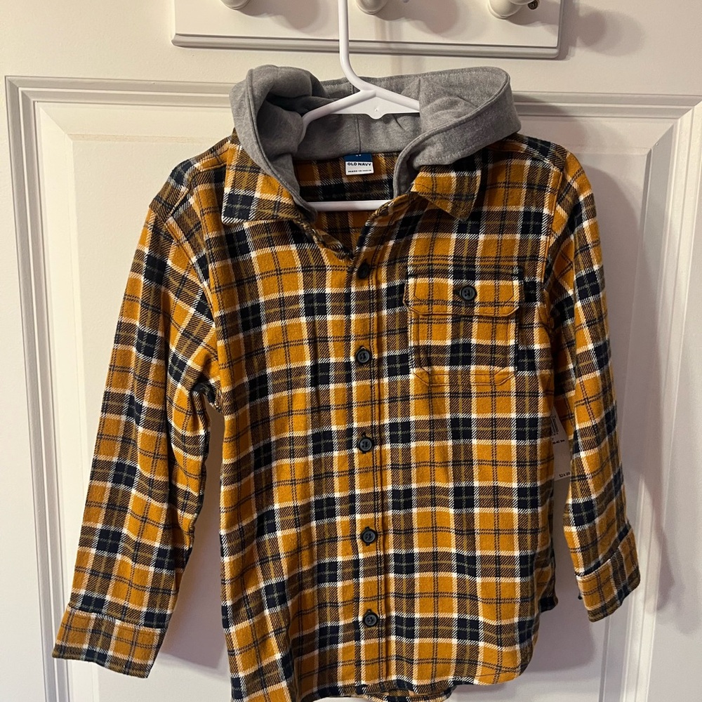 Old Navy Yellow and Black Plaid Button Down Shirt with Hood